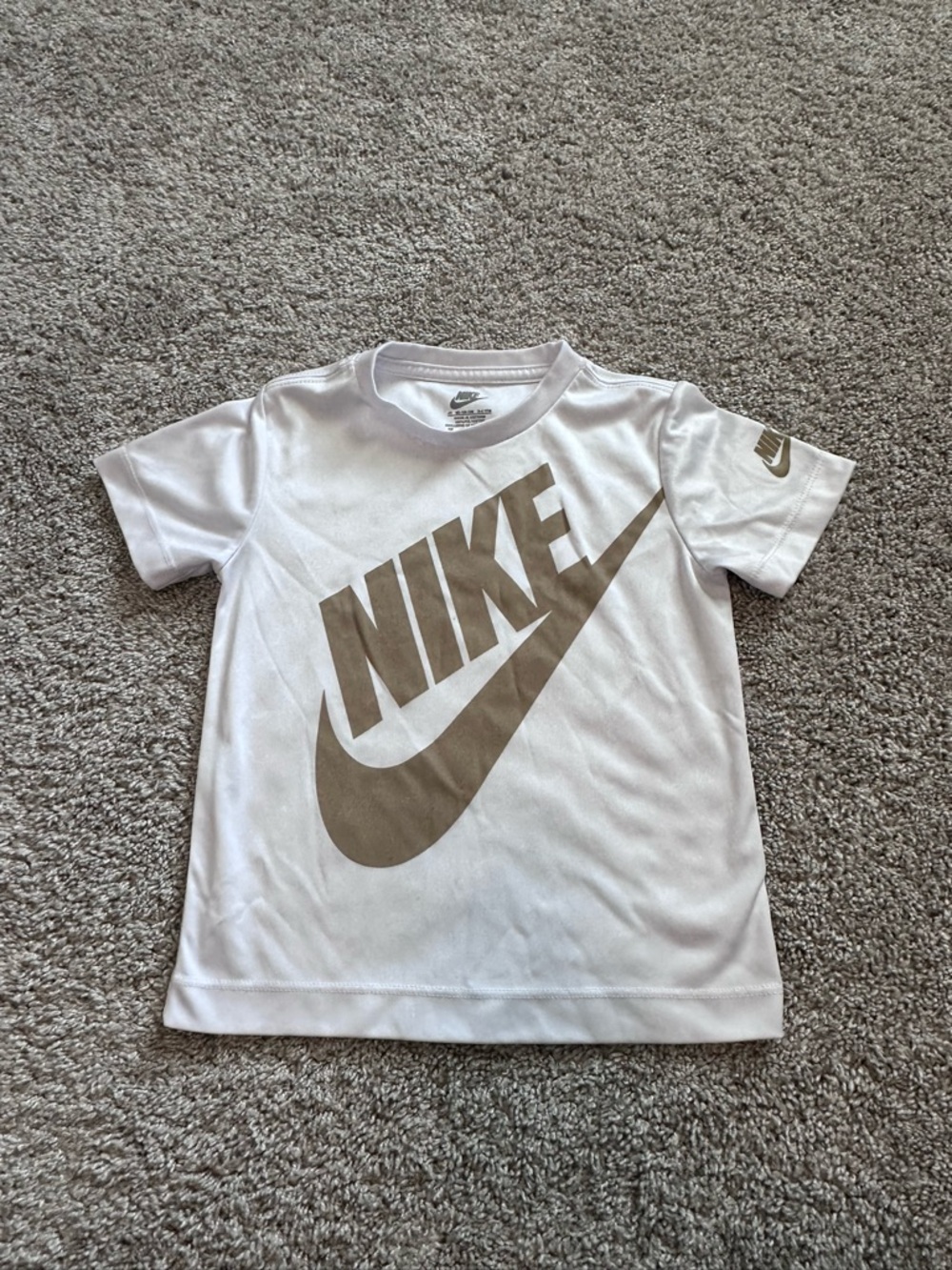 Nike White Kids Tee with Gold Swoosh Logo